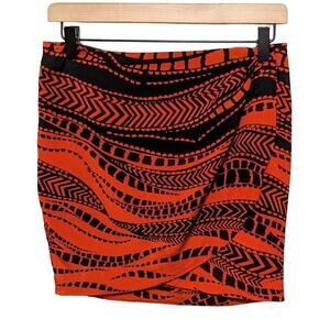 Bebe Skirt Womens 0 Red Black Geometric Wrap Tulip Pencil Satin Boho Bohemian